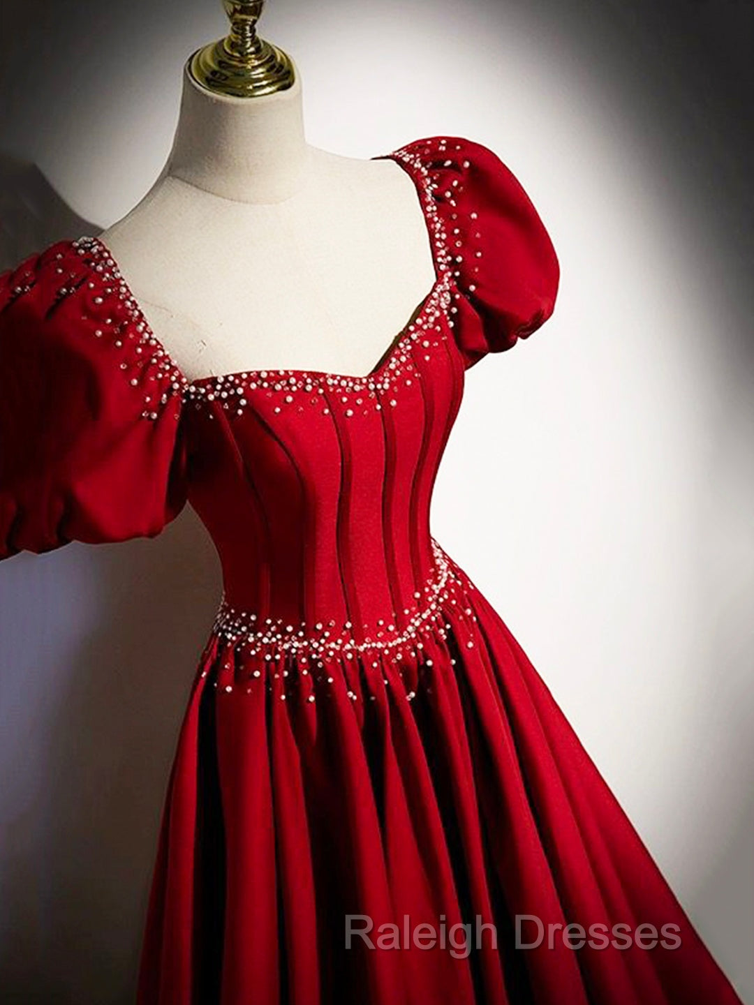 Elegant Burgundy Floor Length Prom Dress, A-Line Beading Puffy Short Sleeve Backless Evening Dress Secondary image