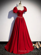 Elegant Burgundy Floor Length Prom Dresses A-Line Beading Puffy Short Sleeve Backless Prom Dresses