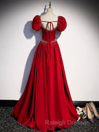 Elegant Burgundy Floor Length Prom Dresses A-Line Beading Puffy Short Sleeve Backless Prom Dresses