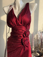 Elegant Burgundy Mermaid Jacquard Satin V-Neck Prom Dresses Simple Prom Dresses