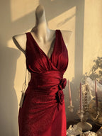 Elegant Burgundy Mermaid Jacquard Satin V-Neck Prom Dresses Simple Prom Dresses