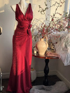 Elegant Burgundy Mermaid Jacquard Satin V-Neck Prom Dresses Simple Prom Dresses