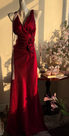 Elegant Burgundy Mermaid Jacquard Satin V-Neck Prom Dresses Simple Prom Dresses