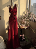Elegant Burgundy Mermaid Jacquard Satin V-Neck Prom Dresses Simple Prom Dresses