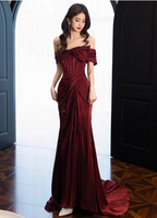 Elegant Burgundy Mermaid Off-The-Shoulder Ruffled Satin Train Formal Prom Dress