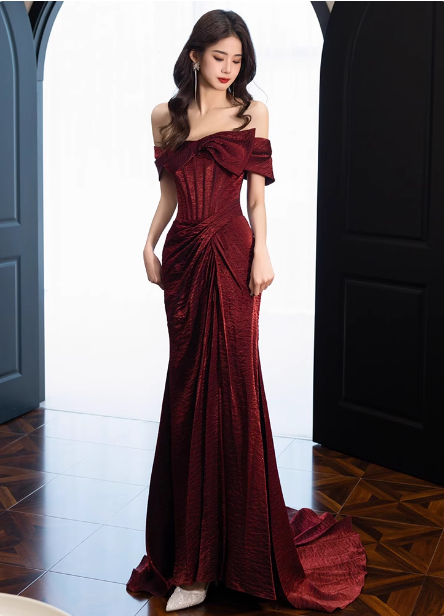 Elegant Burgundy Mermaid Off-The-Shoulder Ruffled Satin Train Formal Prom Dress