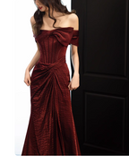 Elegant Burgundy Mermaid Off-The-Shoulder Ruffled Satin Train Formal Prom Dress