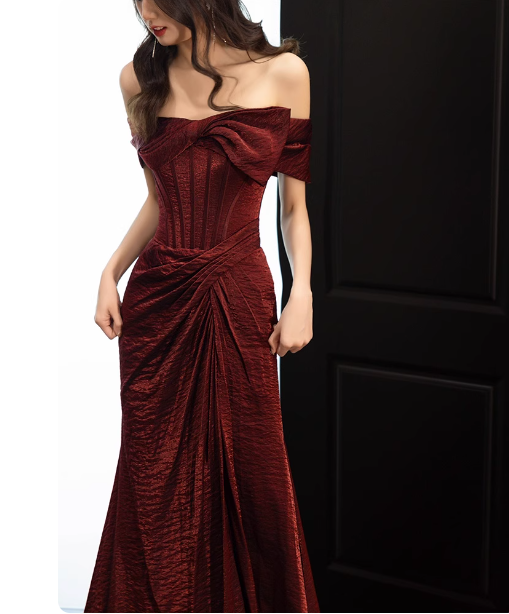 Elegant Burgundy Mermaid Off-The-Shoulder Ruffled Satin Train Formal Prom Dress