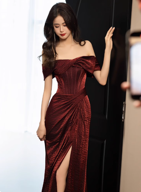 Elegant Burgundy Mermaid Off-The-Shoulder Ruffled Satin Train Formal Prom Dress