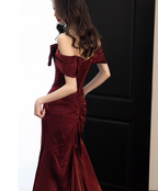 Elegant Burgundy Mermaid Off-The-Shoulder Ruffled Satin Train Formal Prom Dress