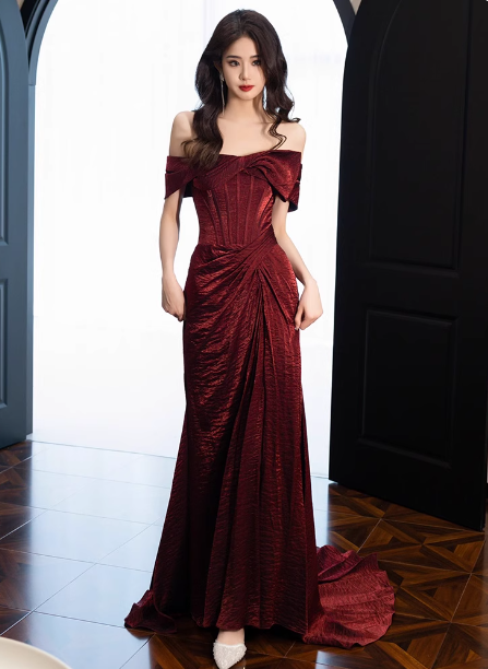 Elegant Burgundy Mermaid Off-The-Shoulder Ruffled Satin Train Formal Prom Dress