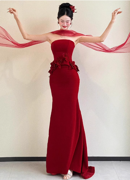 Elegant Burgundy Mermaid Strapless 3D Floral Satin Train Formal Prom Dress