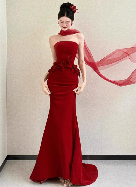 Elegant Burgundy Mermaid Strapless 3D Floral Satin Train Formal Prom Dress