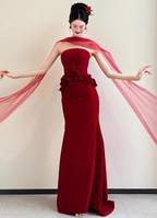 Elegant Burgundy Mermaid Strapless 3D Floral Satin Train Formal Prom Dress