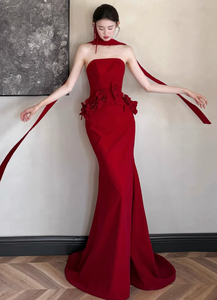 Elegant Burgundy Mermaid Strapless 3D Floral Satin Train Formal Prom Dress