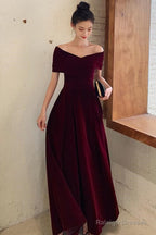 Elegant Burgundy Off Shoulder Sweetheart Velvet Prom Dresses A-Line Long Prom Dresseses