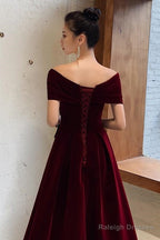 Elegant Burgundy Off Shoulder Sweetheart Velvet Prom Dresses A-Line Long Prom Dresseses