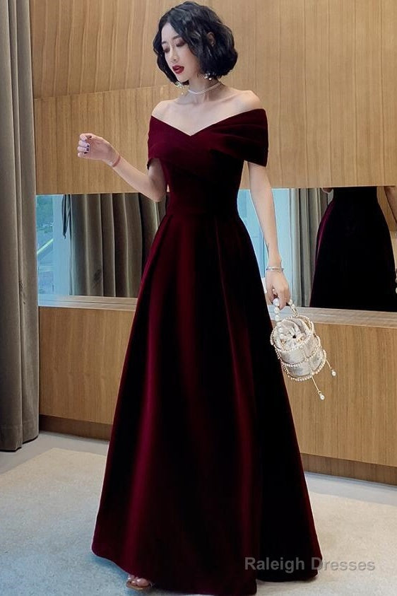 Elegant Burgundy Off Shoulder Sweetheart Velvet Prom Dresses A-Line Long Prom Dresseses