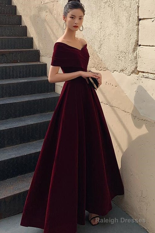 Elegant Burgundy Off Shoulder Sweetheart Velvet Party Dress, A-Line Long Formal Dress Prom Dress Main image