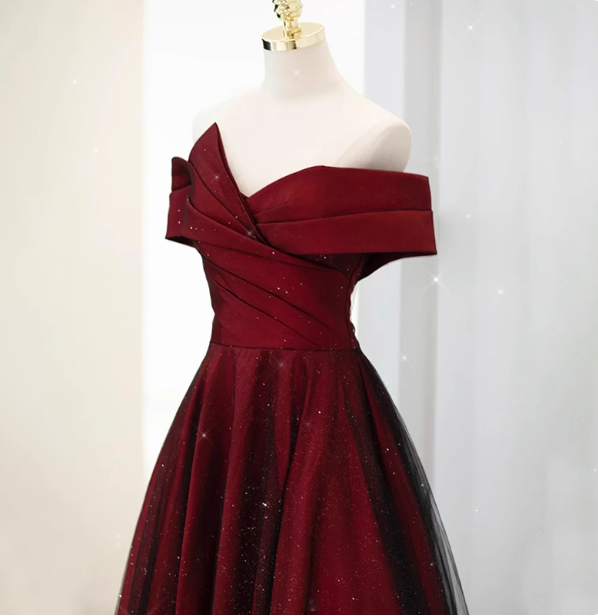 Elegant Burgundy Off-The-Shoulder A-Line Satin Tulle Long Formal Prom Dress
