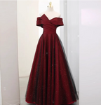 Elegant Burgundy Off-The-Shoulder A-Line Satin Tulle Long Formal Prom Dress