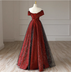 Elegant Burgundy Off-The-Shoulder A-Line Satin Tulle Long Formal Prom Dress