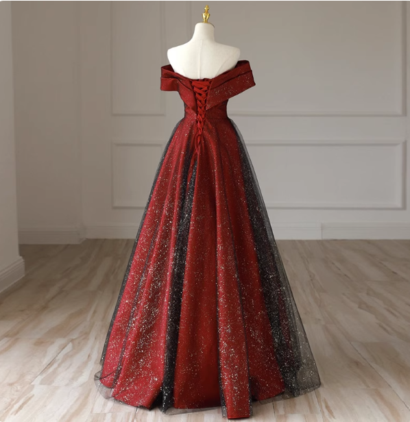 Elegant Burgundy Off-The-Shoulder A-Line Satin Tulle Long Formal Prom Dress