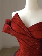 Elegant Burgundy Off-The-Shoulder A-Line Satin Tulle Long Formal Prom Dress