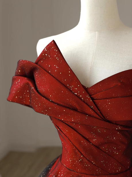 Elegant Burgundy Off-The-Shoulder A-Line Satin Tulle Long Formal Prom Dress
