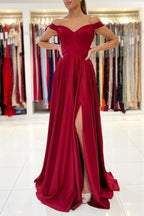Elegant Burgundy Off-The-Shoulder Prom Dress Long With Split