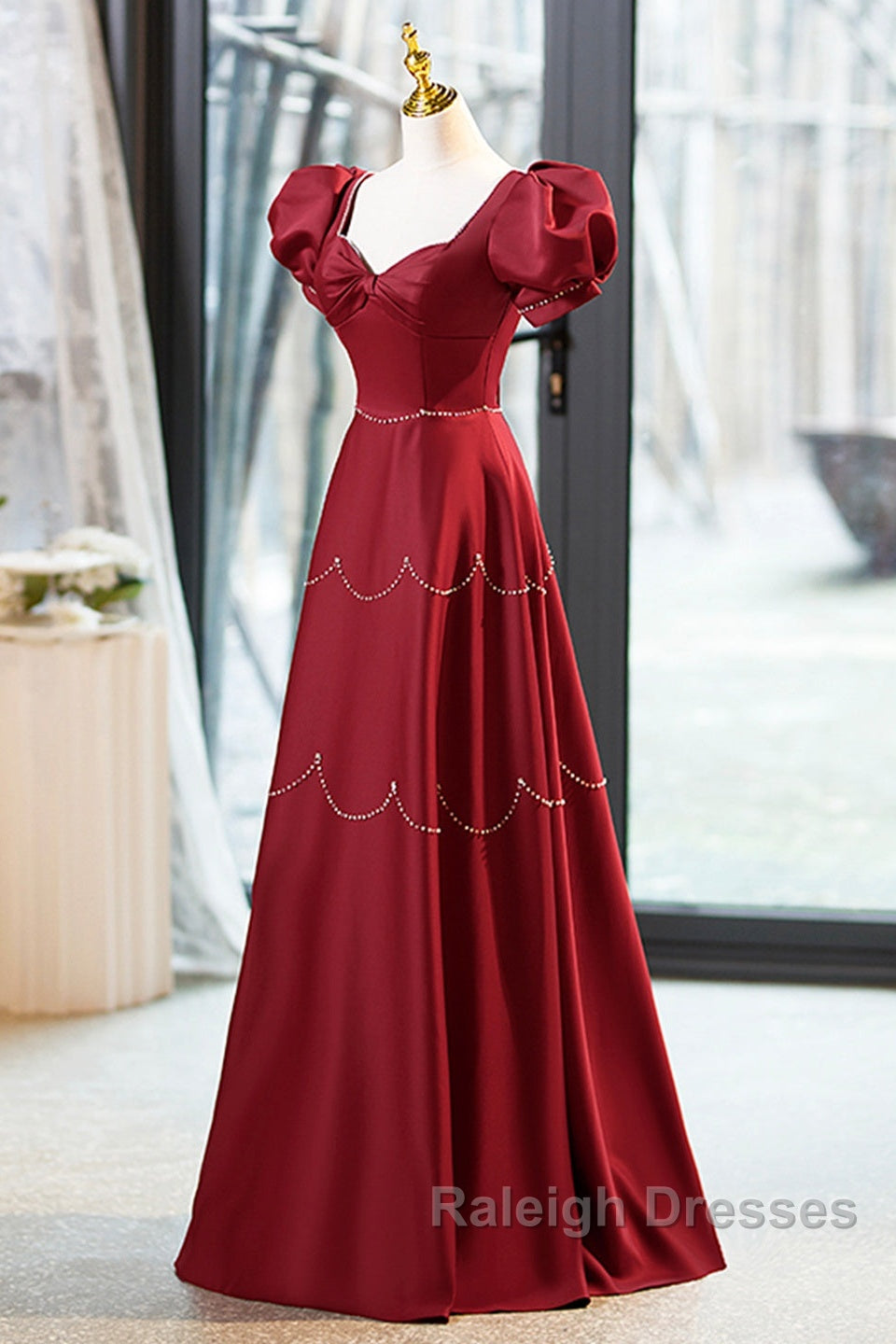 Elegant Burgundy Satin Long Prom Dress With Beaded, Burgundy Short Sleeve Evening Dress Secondary image