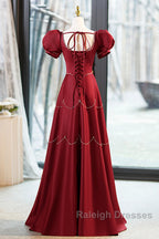 Elegant Burgundy Satin Prom Dresses Long With Beaded Burgundy Short Sleeve Prom Dresses