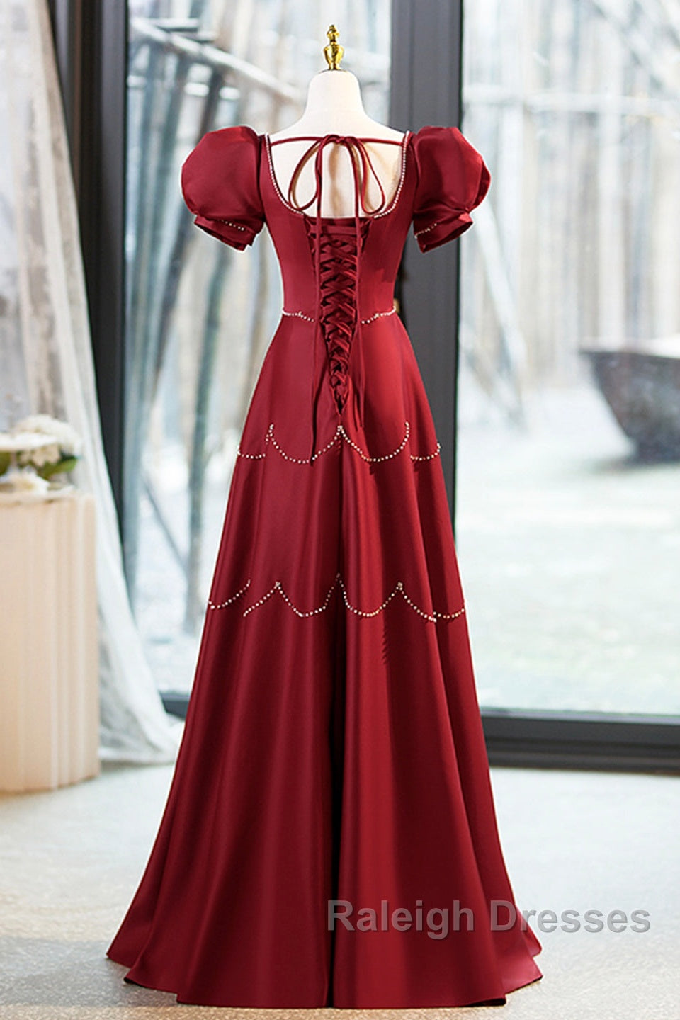 Elegant Burgundy Satin Prom Dresses Long With Beaded Burgundy Short Sleeve Prom Dresses
