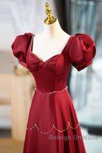 Elegant Burgundy Satin Long Prom Dress With Beaded, Burgundy Short Sleeve Evening Dress