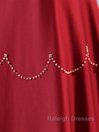 Elegant Burgundy Satin Long Prom Dress With Beaded, Burgundy Short Sleeve Evening Dress