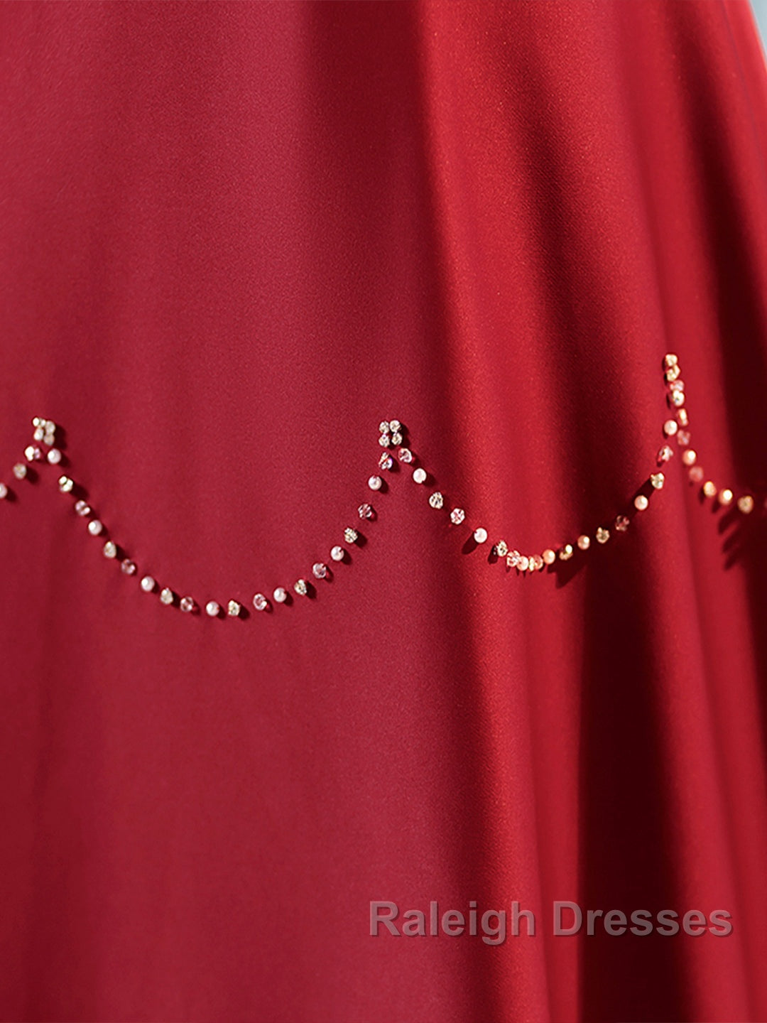 Elegant Burgundy Satin Prom Dresses Long With Beaded Burgundy Short Sleeve Prom Dresses