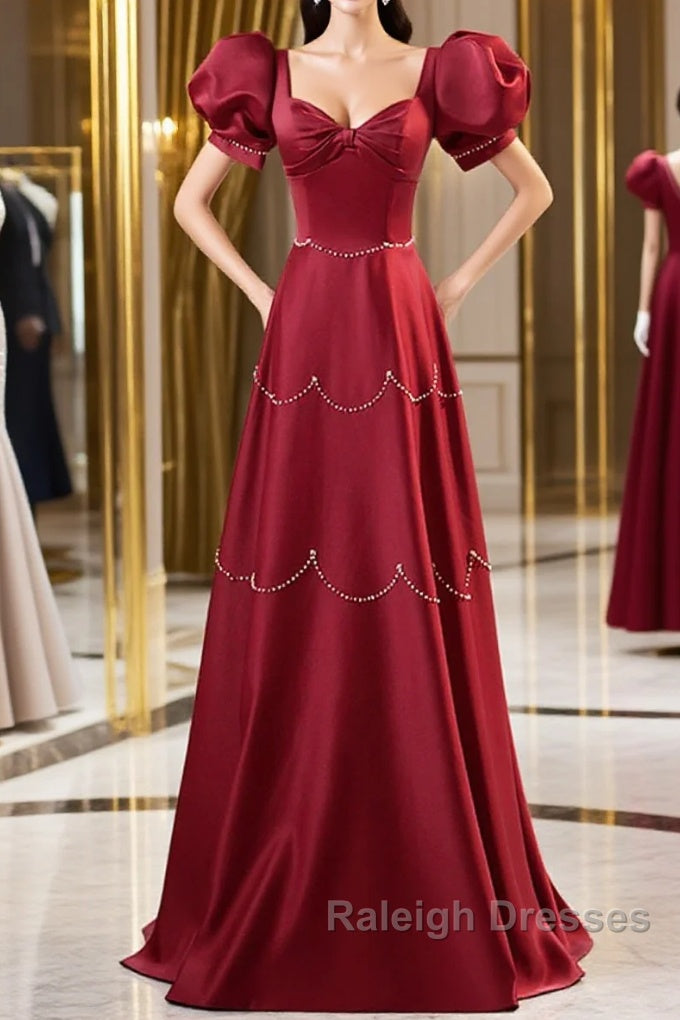 Elegant Burgundy Satin Long Prom Dress With Beaded, Burgundy Short Sleeve Evening Dress