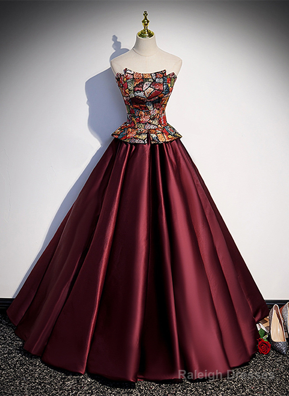 Elegant Burgundy Satin Off Shoulder Evening Dress, Burgundy Prom Dress Secondary image