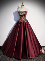 Elegant Burgundy Satin Off Shoulder Evening Dress, Burgundy Prom Dress