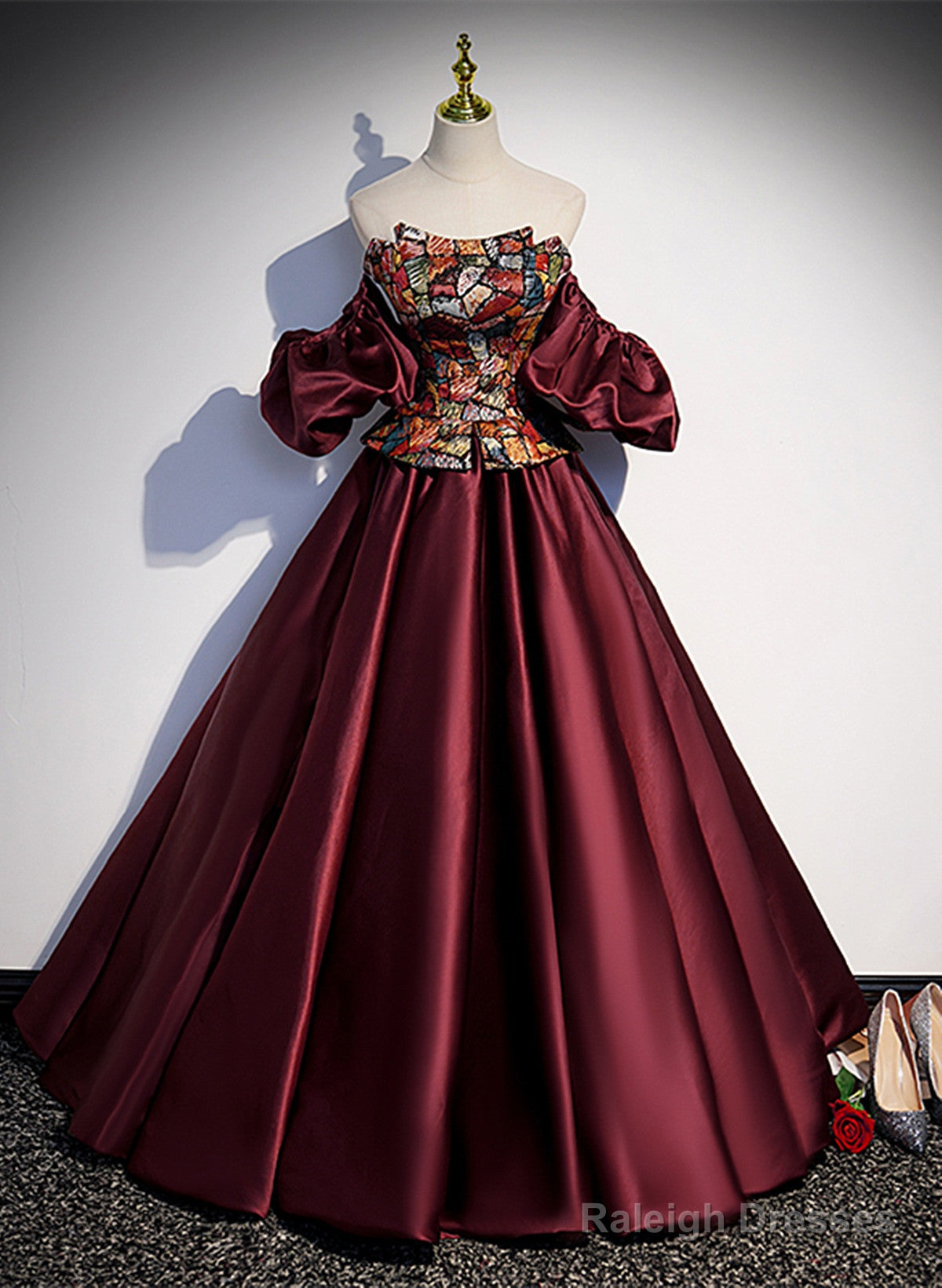 Elegant Burgundy Satin Off Shoulder Evening Dress, Burgundy Prom Dress Main image