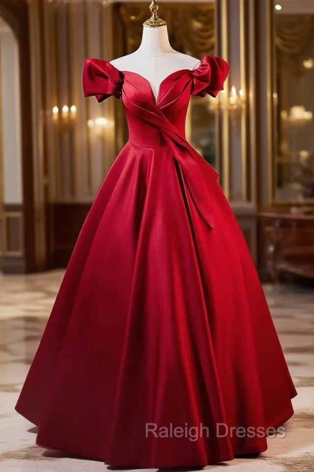 Elegant Burgundy Satin Off the Shoulder Pleats Prom Dress