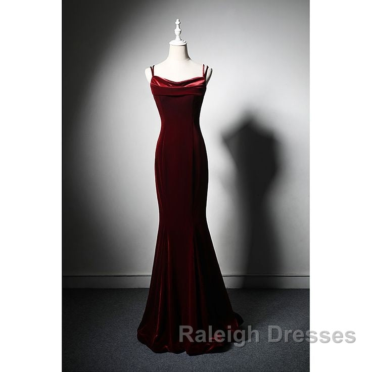 Elegant Burgundy Spaghetti Straps Velvet Mermaid Prom Dress Evening Dress