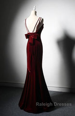 Elegant Burgundy Spaghetti Straps Velvet Mermaid Prom Dress Evening Dress