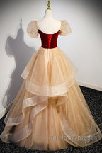 Elegant Burgundy Sparkling Sequin Square Neck Fluffy Short Sleeved Ball Dress, Burgundy Princess Sheer Backless Strap, Floor Length Layered Ruffle Edge Prom Dress