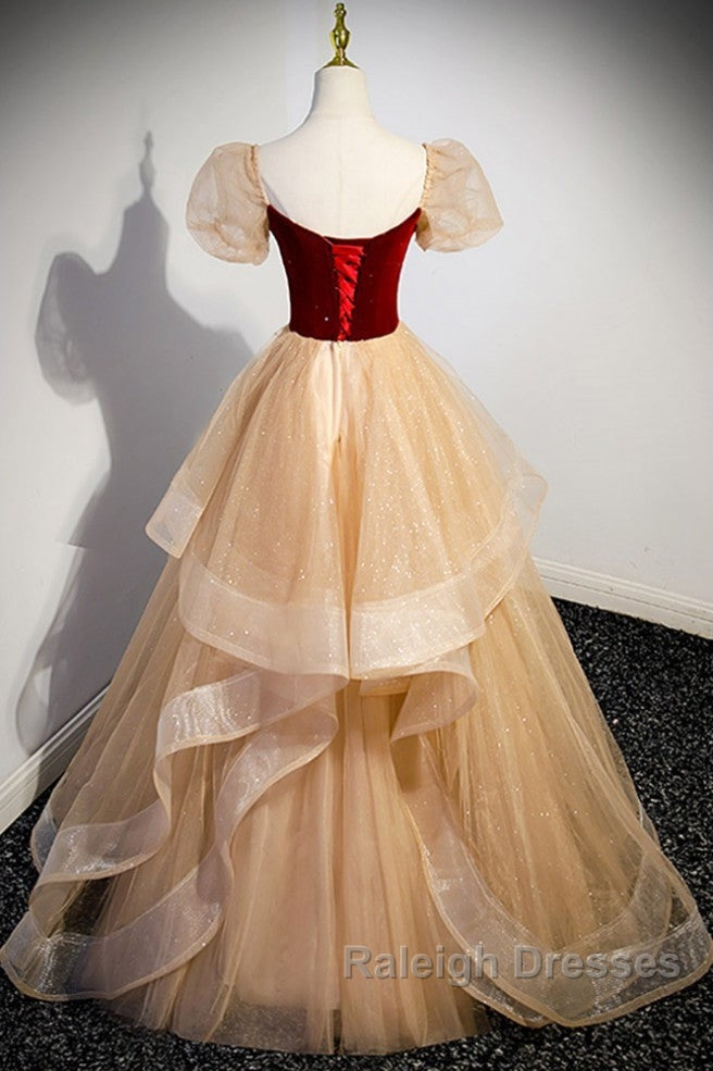 Elegant Burgundy Sparkling Sequin Square Neck Fluffy Short Sleeved Ball Dress, Burgundy Princess Sheer Backless Strap, Floor Length Layered Ruffle Edge Prom Dress