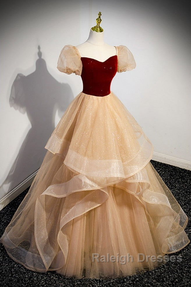 Elegant Burgundy Sparkling Sequin Square Neck Fluffy Short Sleeved Ball Dress, Burgundy Princess Sheer Backless Strap, Floor Length Layered Ruffle Edge Prom Dress