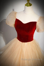 Elegant Burgundy Sparkling Sequin Square Neck Fluffy Short Sleeved Ball Dress, Burgundy Princess Sheer Backless Strap, Floor Length Layered Ruffle Edge Prom Dress