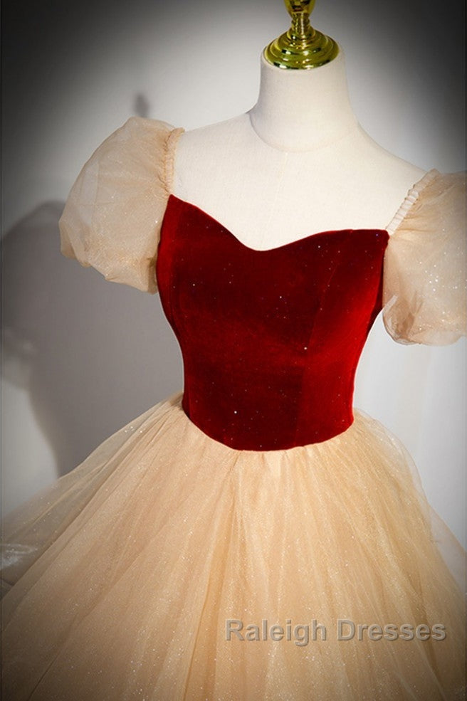 Elegant Burgundy Sparkling Sequin Square Neck Fluffy Short Sleeved Ball Dress, Burgundy Princess Sheer Backless Strap, Floor Length Layered Ruffle Edge Prom Dress