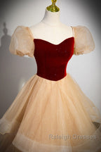 Elegant Burgundy Sparkling Sequin Square Neck Fluffy Short Sleeved Ball Dress, Burgundy Princess Sheer Backless Strap, Floor Length Layered Ruffle Edge Prom Dress