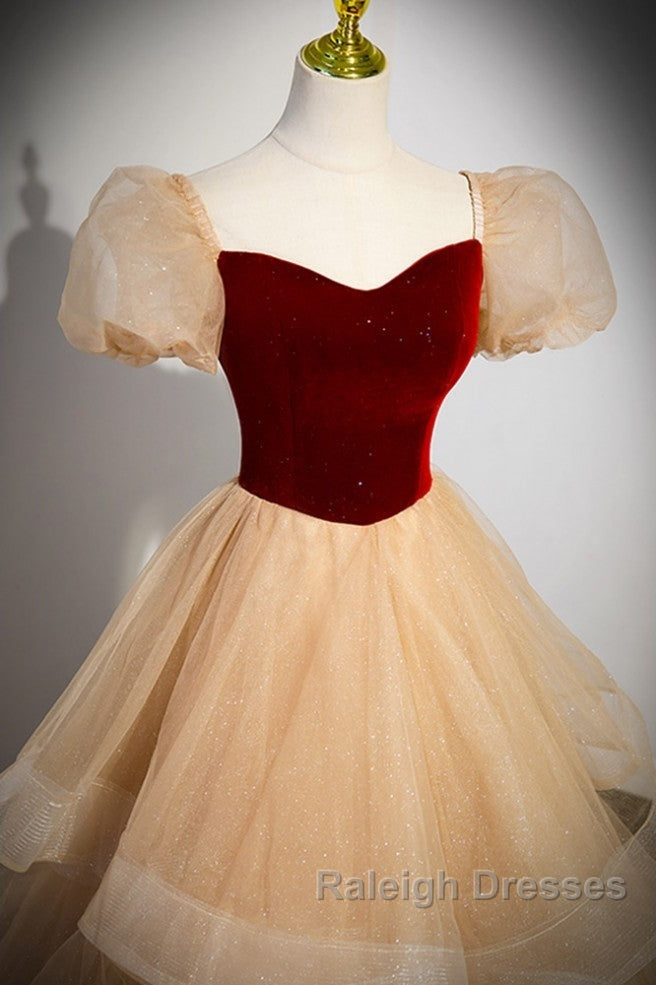 Elegant Burgundy Sparkling Sequin Square Neck Fluffy Short Sleeved Ball Dress, Burgundy Princess Sheer Backless Strap, Floor Length Layered Ruffle Edge Prom Dress